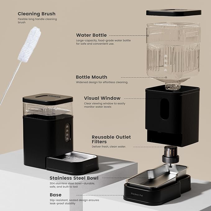 Gardner Pet Automatic Dog Water Dispenser Gravity Waterer with Stainless Steel Bowl Water Dispenser 8.5L Large Capacity Water Feeder for Dogs Cats Pets, BPA-Free Noise-Free (Black, 8.5L)