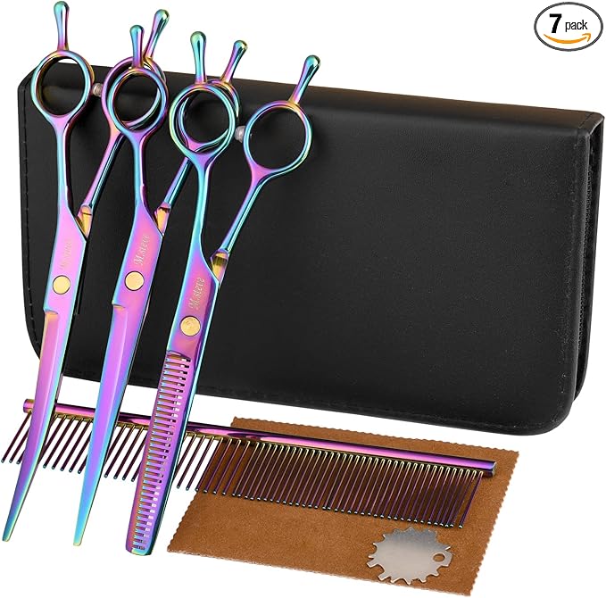 Dog Grooming Scissors kit 7 in 1 Professional Pet Cat Hair Cutting Shears At Home Including Straight Curved Thinning Scissors with Safety Round Tip, Comb