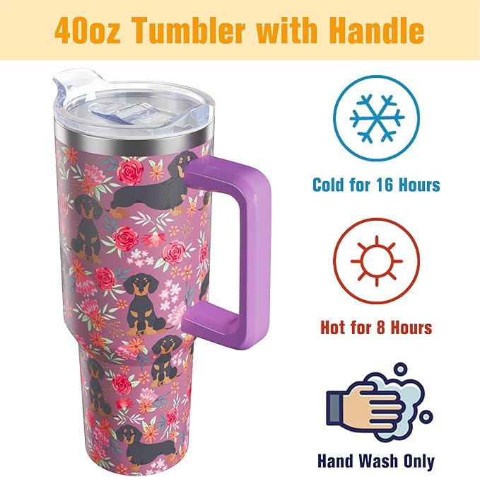 Dachshund Gifts for Women Dog Lovers 40 oz Floral Weiner Dog Tumblers with Handle and Straw, Stainless Steel Vacuum Insulated Travel Coffee Mug Cup Water Bottle