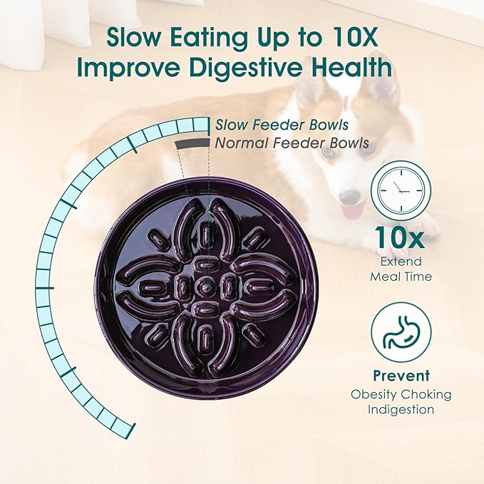 vancasso Ceramic Slow Feeder Dog Bowls, Puzzle Dog Food Bowls with Floral Maze, Anti -Slip Pet Food Dish for Medium Breed, 1.5 Cups, Purple