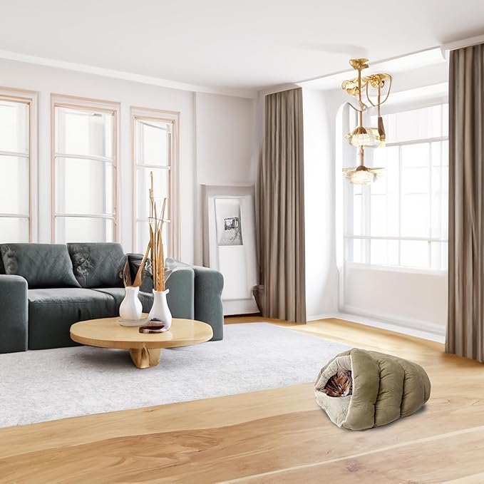 SPOT Sleep Zone Cuddle Cave - Cat Cave Bed for Indoor Cats and Mini Dogs, Durable, Comfortable, Washable for Kittens and Puppies Under 10 lbs and 12 inches Long, Tan Color