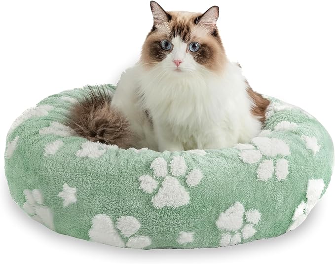 Donut Dog Beds for Small Dogs, Calming Round Cat Beds for Indoor Cats, Cute 3D Textured Paw Pet Bed with Removable Washable Cover and Anti-Slip Bottom(Green,20")