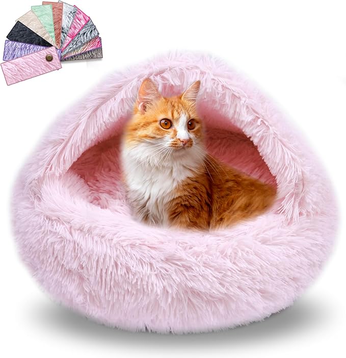 Calming Dog Beds & Cat Cave Bed with Hooded Cover,Washable Round Beds for Small Medium Pets,Anti-Slip Faux Fur Fluffy Coved Bed,Comfortable Warming Pet Bed(24 * 24inch,Light Pink)