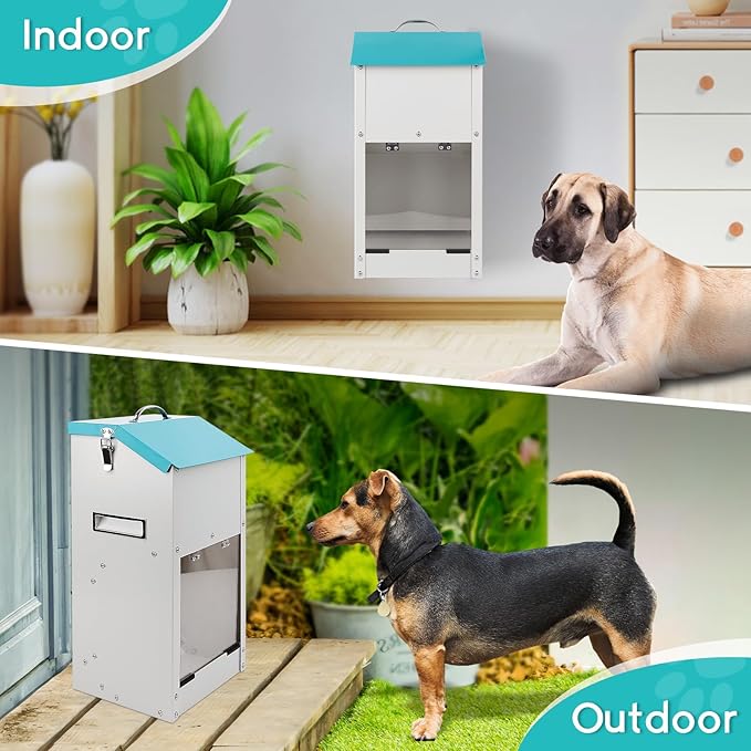 Automatic Dog Feeder with Handle,15lbs Galvanized Gravity Dog Food Dispenser and Hanging Dogs Auto Feeder for Medium and Small Size Animals
