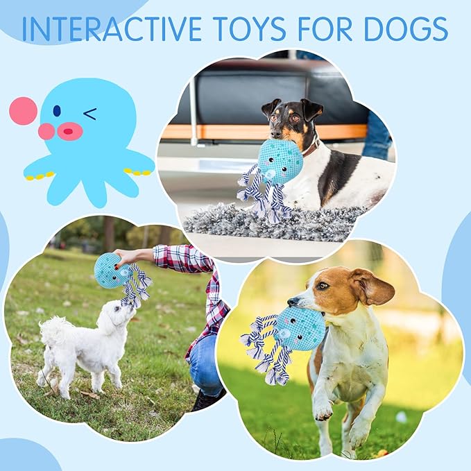 SCENEREAL Tug of War Stuffed Dog Toys for Small Medium Large Dogs,Squeaky Interactive Dog Chew Toys, Durable Dog Toy Keep Them Busy Chew Guard Technology with Rope for Training Indoor(Octopus, Blue)