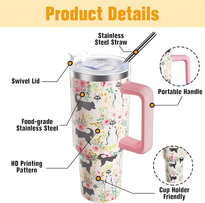 Husky Gifts for Women Dog Lovers 40 oz Floral Husky Tumblers with Handle and Straw, Stainless Steel Vacuum Insulated Travel Coffee Mug Cup Water Bottle