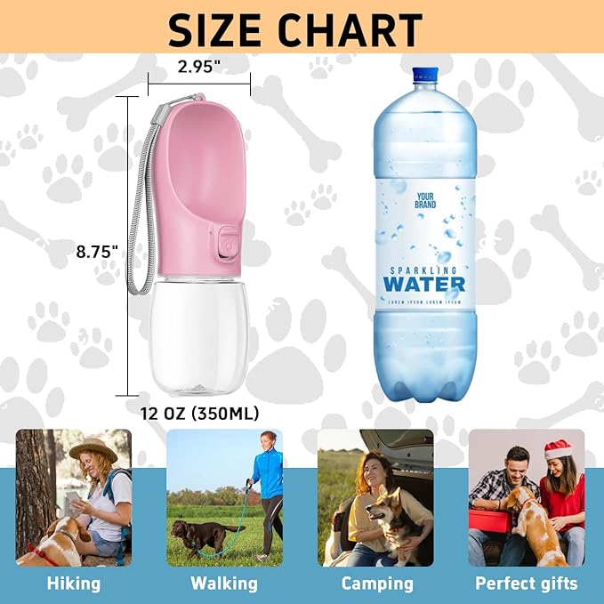 Portable Dog Water Bottle with Bowl, Leak Proof, Convenient for Walking, Hiking and Camping (Pink, 12oz)