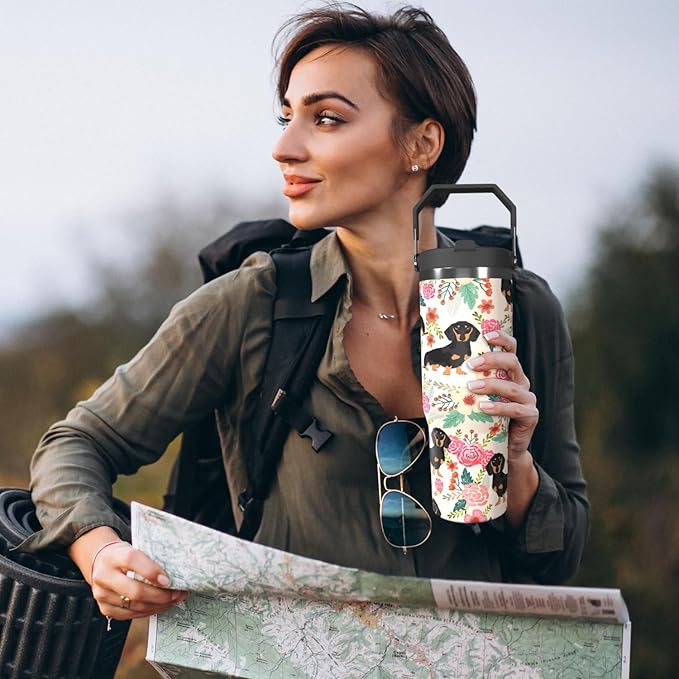 Dog Floral 30oz Tumbler with Top Handle Lid and Straw Insulated Water Bottle Travel Mug for Car Cup Office Coffe Mugs for Boy Girl Drink Hot and Cold (flowers)