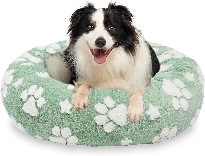 Donut Dog Beds for Medium Dogs, Calming Round Cat Beds for Indoor Cats, Cute 3D Textured Paw Pet Bed with Removable Washable Cover and Anti-Slip Bottom(Green,30")