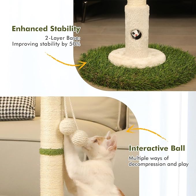 Cat Scratching Posts Cat Trees 35.43" Tall with Sisal Rope Cat Toy and Hanging Ball for Indoor,Wooden Palm Tree Cat Scratch Pole for All Cat(White
