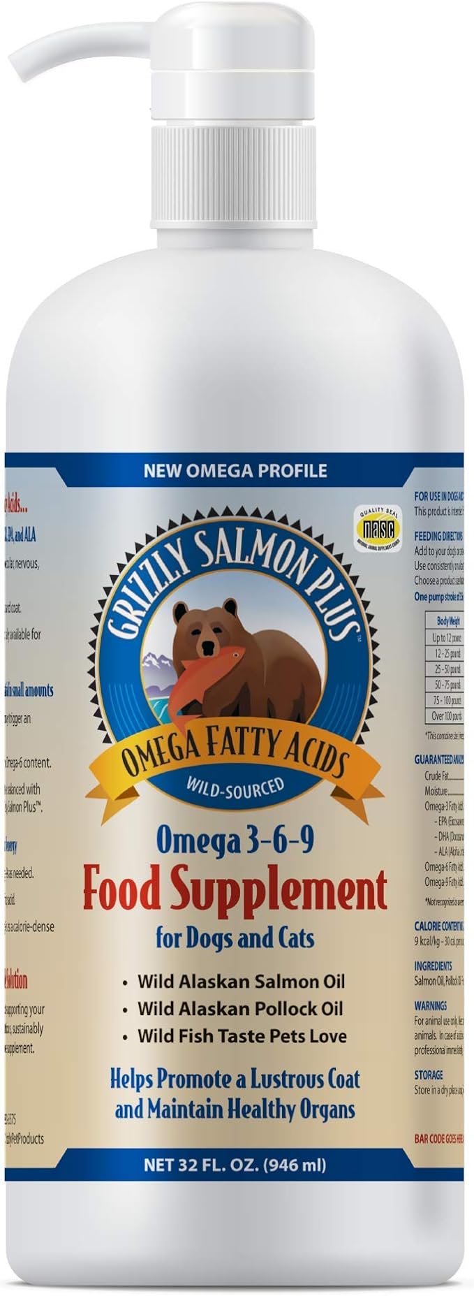 Grizzly Pet Products Salmon Plus Omega 3-6-9 Food Supplement for Dogs and Cats, 32 Ounce