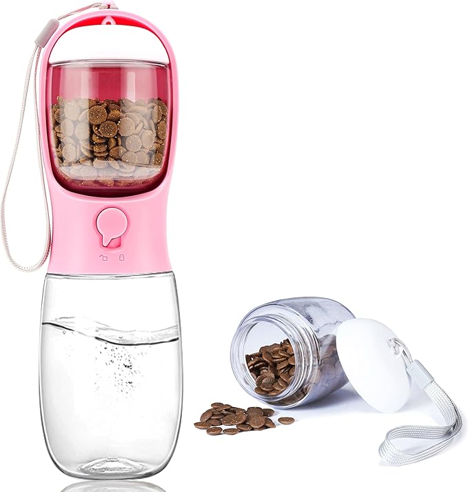 Portable Dog Water Bottle with Food Container,15oz Leak-Proof Pet Water Dispenser for Dogs, Cats, Puppies,Built-in Activated Carbon Filter for Travel,Hiking, Walking,and Outdoor Activities