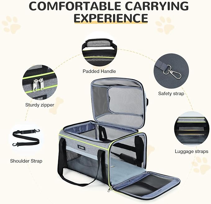 Lekereise Top-Expandable Pet Carrier - TSA Airline Approved Soft Sided Underseat Up to 15lbs Travel Carriers for Small Cats and Dogs with Locking Safety Zippers Anti-Scratch Mesh Gray