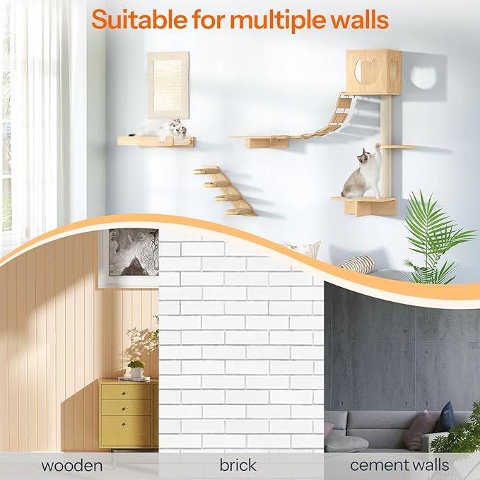 HOOBRO Wood Cat Wall Shelves, Set of 5 Cat Wall Furniture, Cat Corridor, Cat House, Cat Plush Hammock, Scratching Board and Cat Climbing Shelves, Sturdy, Durable and Safe, Natural NL45CS03