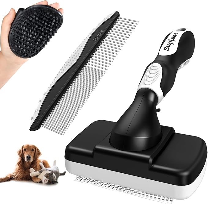 3PCS Dog Grooming Kit - Deshedding Dog Brush, Self Cleaning Slicker Brush, Bath Brush and Comb, Suitable for Hair Removal and Bathing of Dogs & Cats (white Black)