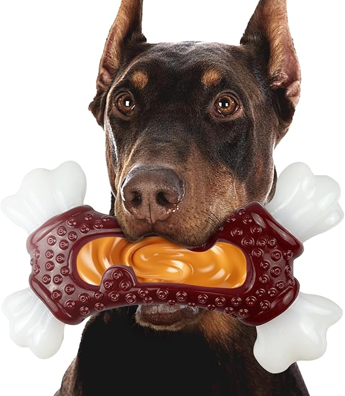 Dog Toys for Aggressive Chewers, Indestructible Dog Chew Toy for Large Dogs, Tough Dog Toys to Keep Them Busy for Small Medium Large Breed, Dog Chew Bone Toy, Bacon Flavor (Red Bone)