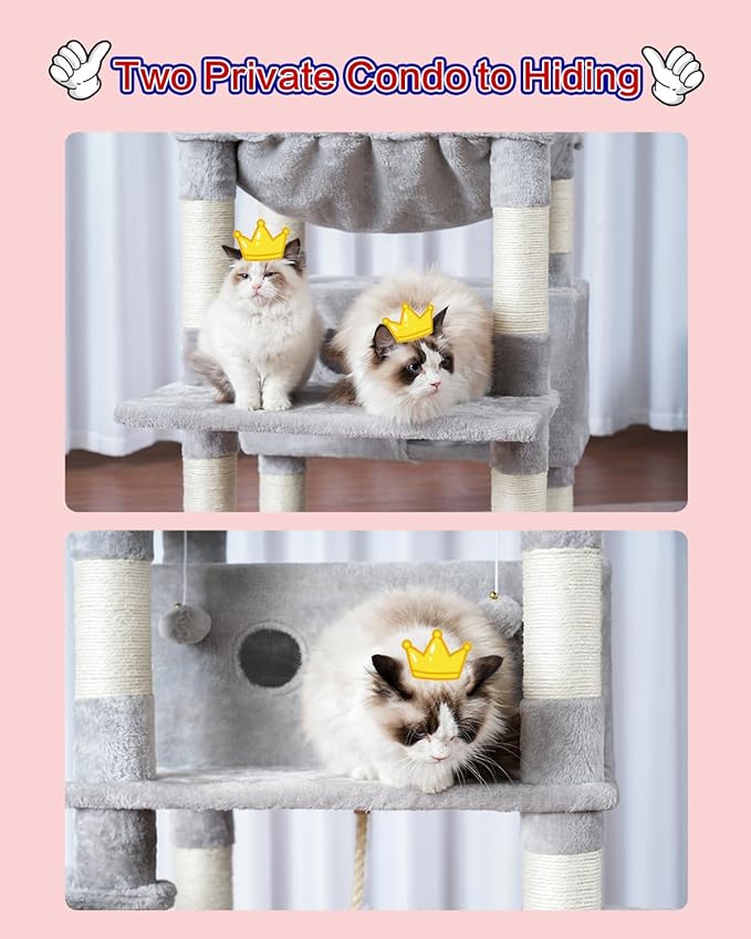 Cat Tree for Indoor Cats Large Adult, 74" Cat Tower with 3 Big Platforms, 2 Baskets, 2 Condos, Multi-Level Cat Scratching Posts, Light Gray GCT030W