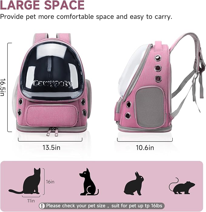Cat Backpack Carrier, Breathable Cat Carrier Large Space Bubble Pet Backpack for Kitty Small Dog up to 15lbs, Transparent & Foldable Pet Carrier for Travel Hiking(Pink)