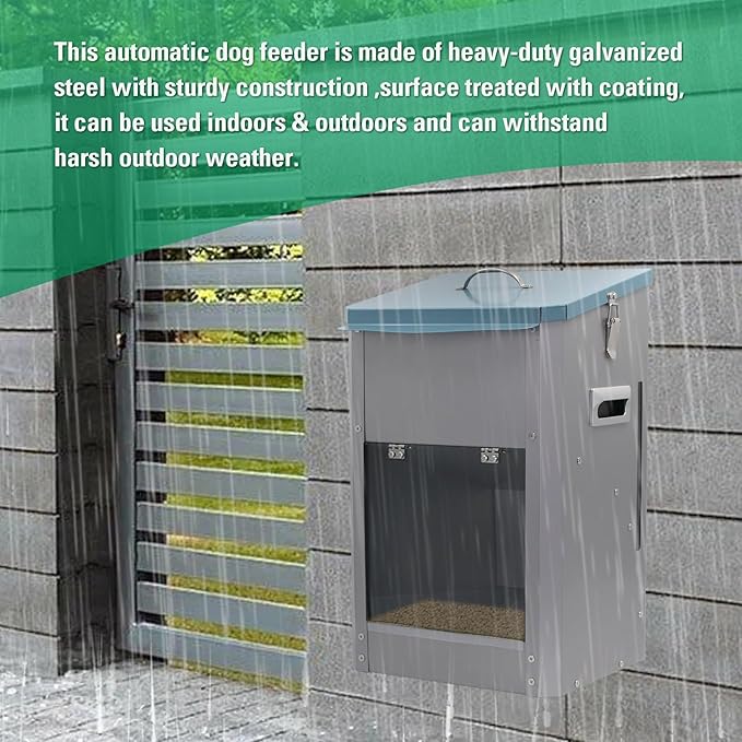 Automatic Dog Feeder Large Breed Dog Food Dispener, 25Lbs Outdoor Pets Feeder Gravity Food Feeder for Large Dogs, Galvanized Hanging Automatic Dog Food Dispenser Container