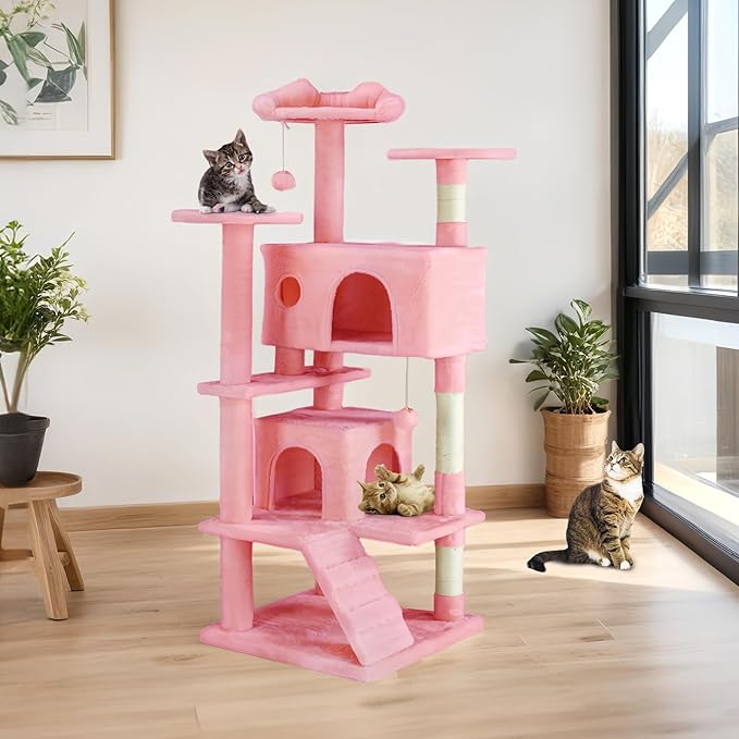 Sweetcrispy 54 Inch Cat Tree Tower, Multi-Level with Cat Scratching Post, Indoor Cat Condo with Climbing Ladder, Plush Toy, Play House for Cat, Pink