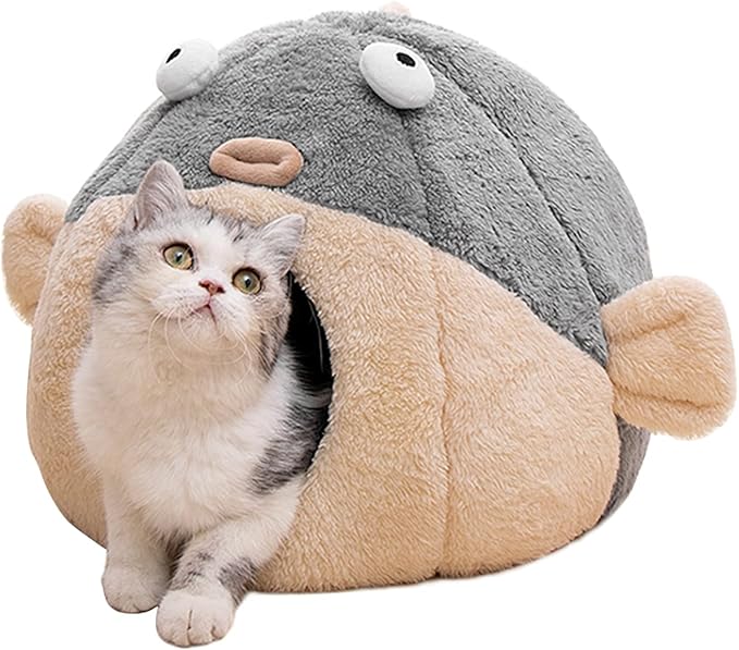 Cat Beds for Indoor Cats - Cat Bed Cave with Removable Washable Cushioned Pillow, Soft Plush Premium Cotton No Deformation Pet Bed, Lively Pufferfish Cat House Design, Grey, Multiple Sizes(M)