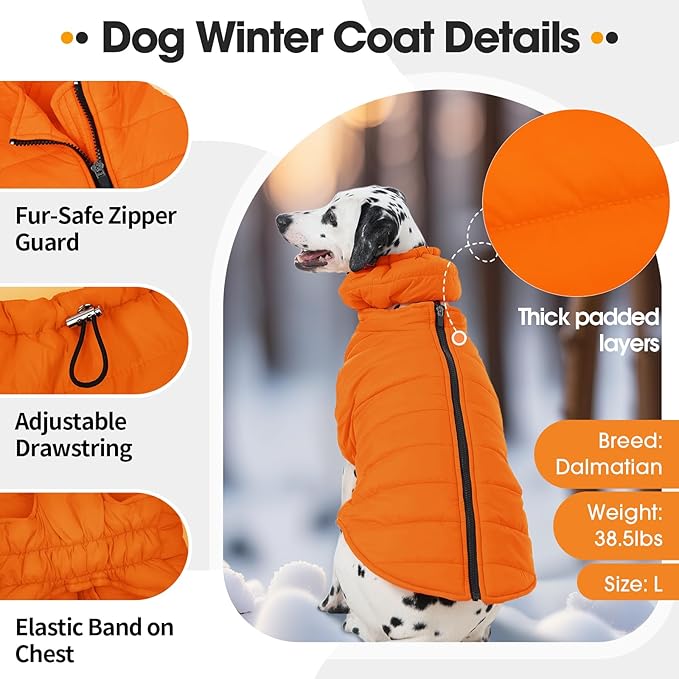 Winter Dog Coat for Extra Large Dogs with Back Zipper Detachable Neck Wrap, Windproof Warm Pet Jacket Vest, Dogs Snowsuit Cold Weather Coat, German, Pointer, Golden Retriever, Orange 2XL