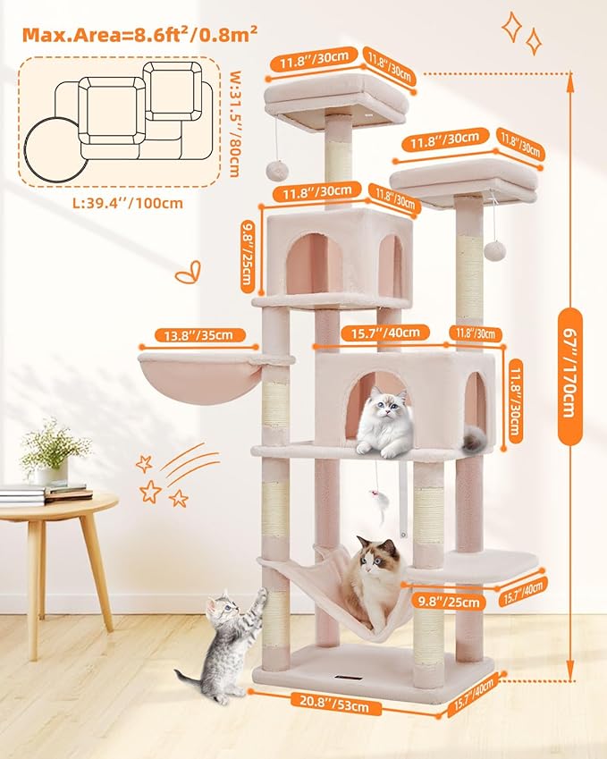 Taoqimiao Cat Tree, 66.2-Inch Cat Tower for Indoor Cats, Plush Multi-Level Cat Condo with 12 Scratching Posts, 2 Perches, 2 Caves, Hammock, 2 Pompoms, Jelly Pink MS013P