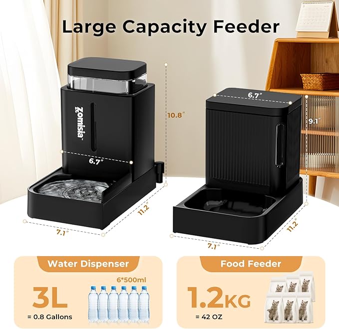 Gravity Cat Feeder and Water Dispenser, 2 in 1 Automatic Cat Feeder with 180 Degree Rotatable, 2 Pack Large Capacity Self Feeding for Small Medium Dog Puppy Kitten, Grey, 0.8 Gallon x 2
