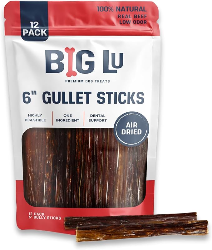 Big Lu - 6-Inch Jerky Gullet Sticks, 12 Count, All-Natural Beef Dog Chews, Grass-Fed, Free-Range, Digestible Treats with Glucosamine and Chondroitin for Joint Health, Dogs