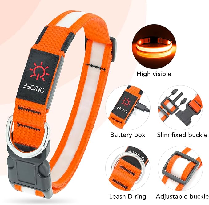 Vizpet LED Dog Collar, Light Up Dog Collar Adjustable USB Rechargeable Super Bright Safety Light Glowing Collars for Small Dogs(Small,Orange)