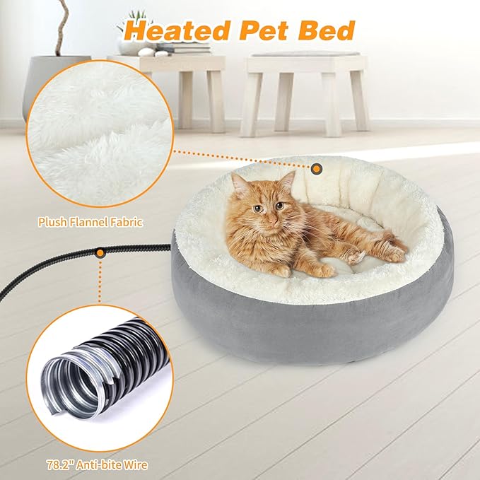 BWOGUE Heated Cat Bed for Indoor Cats,19'' Donut Detachable Heated Pet Bed Thermo-Kitty Heating Bed,Electric Warming Cat Bed Heater with Timer, Washable pet Heating Bed