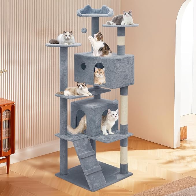 MoNiBloom Cat Tree, 70 Inch Cat Tree Tower with 2 Condo, Tall Cat Tower with Scratching Post, Cat Climbing Tower, Cat Tree for Indoor Cats, Light Grey