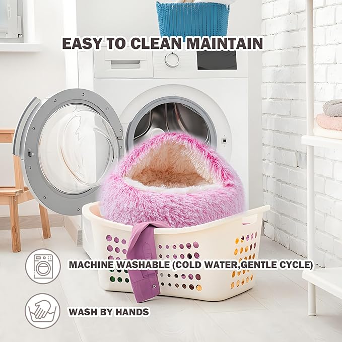 Cat Bed Calming Cat Beds,Indoor Washable Cat Bed,Anti-Slip Faux Fur Fluffy Cuddler Anxiety Cat Bed,Warming Cuddler Cushion Bed for Small Medium Dogs and Cats (Gradient Pink, 24 * 24inch)