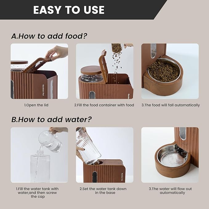 Gardner Pet Gravity Automatic 2-in-1 Pet Feeder, 0.8 Gallons*2 Cat Feeder and Water Dispenser Set, 100% BPA-Free and Stainless Steel Water Bowl for Dogs, Cats, Rabbits, Puppies (Dark Woodgrain)