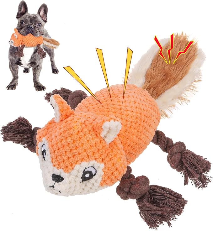 SCENEREAL Tug of War Stuffed Dog Toys for Small Medium Large Dogs,Durable Squeaky Interactive Dog Chew Toys, Keep Them Busy Dog Chew Guard Technology with Rope for Training Indoor(Squirrel, Orange)
