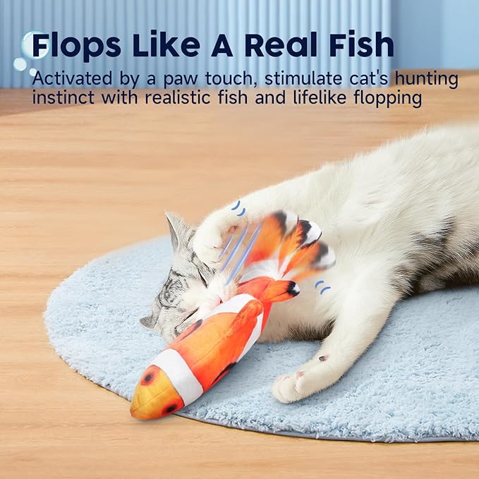 Potaroma Cat Toys Flopping Fish with SilverVine and Catnip, Moving Kitten Kicker, Floppy Wiggle Clownfish for Small Dogs, Motion Kitty Interactive Exercise, 10.5 Inches