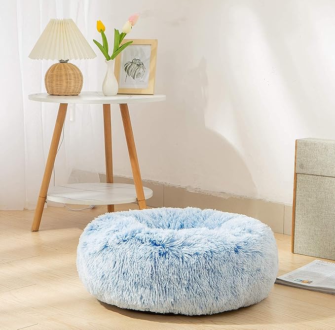 Calming Donut Dog Bed Large, Plush Round Cuddler Dog & Cat Bed, Anit-Anxiety Marshmellow Fluffy Faux Fur Cushion(28", Light Blue)