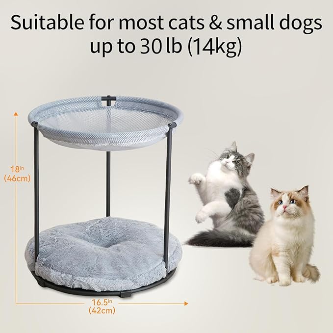 Double Cat Bed for 2 Cats Breathable Elevated Cat Beds for Indoor Cats, Round Fluffy Plush Cat Beds,18 x 16.5 x 16.5 Inch Cat Hammock Washable, Easy Assembly Cat Hammock for Multi-cat Household