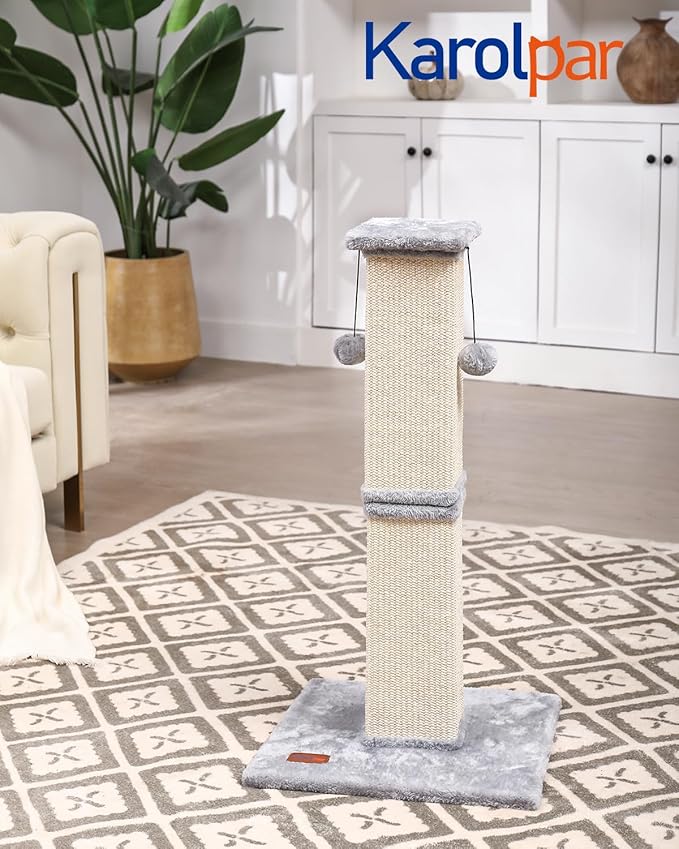 Cat Scratching Post, 33Inch Tall Cat Scratch Post for Indoor Cats Adults and Kitten, Sisal Cat Scratcher with Hanging Balls (Grey)