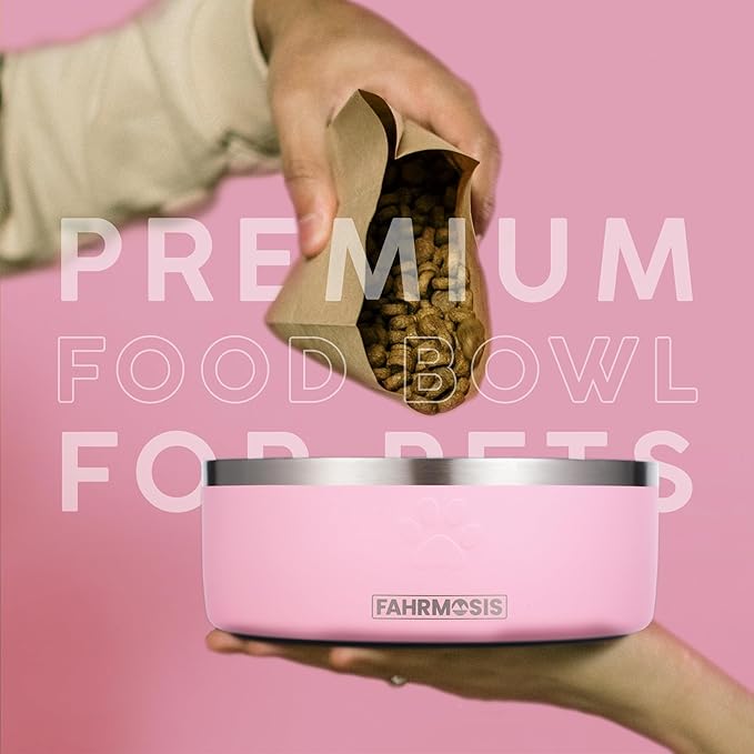 32 Oz Dog Bowl with Slow Feeder Insert Stainless Steel Pet Water Bowl for Medium & Large Breed Non Slip Rubber Base & Plastic Puzzle Feeder - Pink