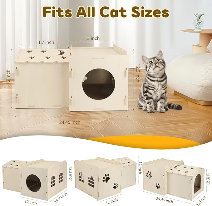 Wooden Cat Scratcher House,Cat Hideout with Scratch Cardboard Pad,2 Tier Sturdy Kittens Bed House Indoor with Air Vents for Small to Large Sized Cats and Rabbits Use