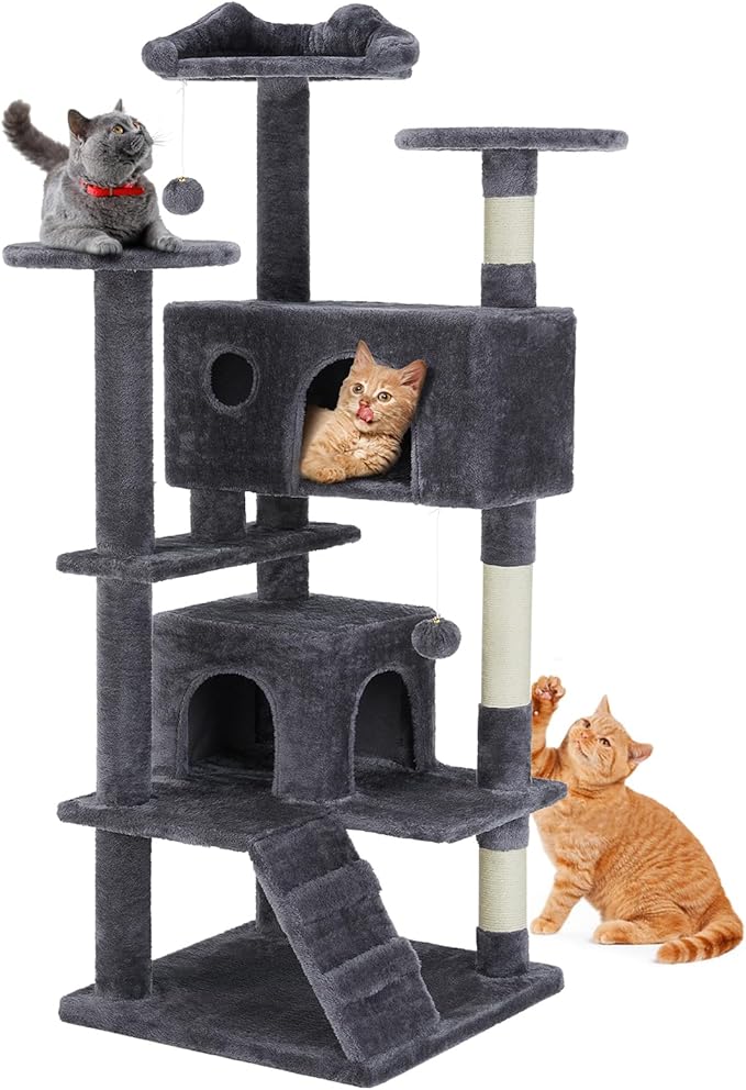 Sweetcrispy 54 Inch Cat Tree Tower, Multi-Level with Cat Scratching Post, Indoor Cat Condo with Climbing Ladder, Plush Toy, Play House for Cat, Dove Grey