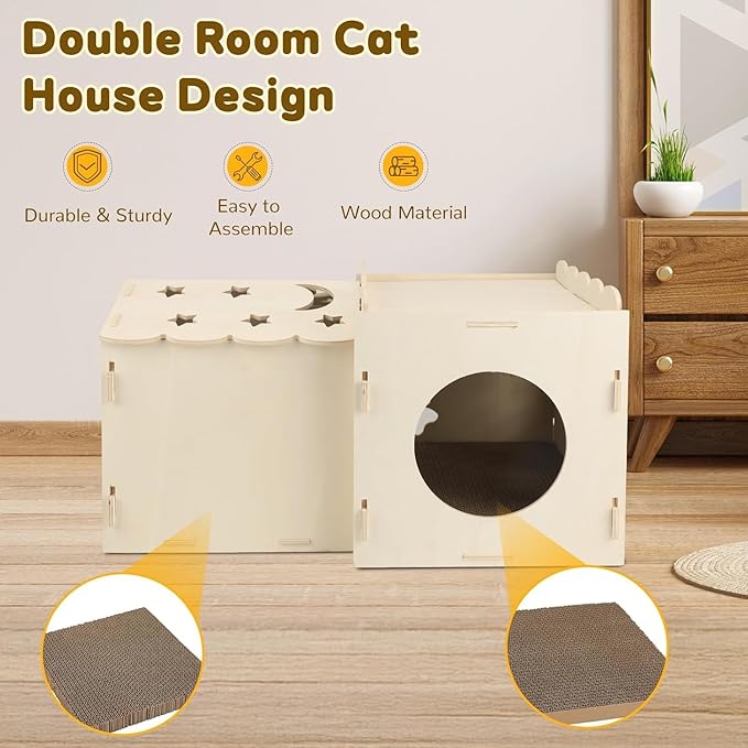 Wooden Cat Scratcher House,Cat Hideout with Scratch Cardboard Pad,2 Tier Sturdy Kittens Bed House Indoor with Air Vents for Small to Large Sized Cats and Rabbits Use