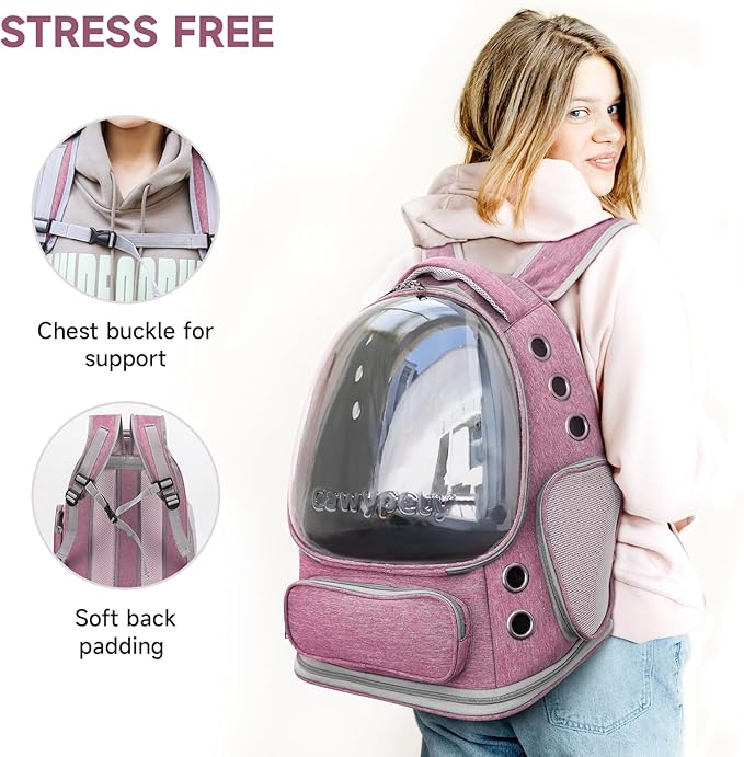 Cat Backpack Carrier, Breathable Cat Carrier Large Space Bubble Pet Backpack for Kitty Small Dog up to 15lbs, Transparent & Foldable Pet Carrier for Travel Hiking(Pink)