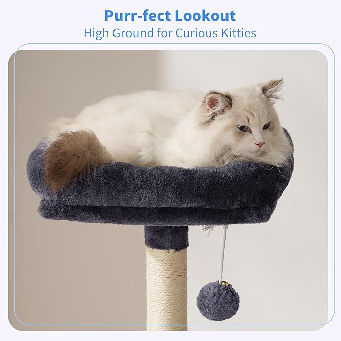 Heybly Cat Tree, 49.2 Inches Cat Tower for Indoor Cats, Spacious Cat House Condo with Hidden Space,Sturdy Steel Tube,Soft Plush Top Perch,Cozy Hammock and Sisal Scratching Posts, Smoky Gray HCT200SG
