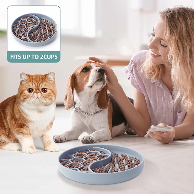 Slow Feeder Dog Bowls, Silicone Pet Food Bowls with Suction Cups, Non-Slip Dog Feeding Slow Down Pet Eating Speed for Fast Eaters, Anxiety Relief & Fun Added (Blue)