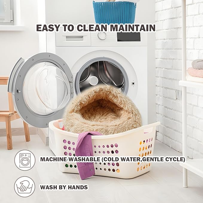 Cat Bed Calming Cat Beds,Indoor Washable Cat Bed,Anti-Slip Faux Fur Fluffy Cuddler Anxiety Cat Bed,Warming Cuddler Cushion Bed for Small Medium Dogs and Cats (Apricot Color, 24 * 24inch)