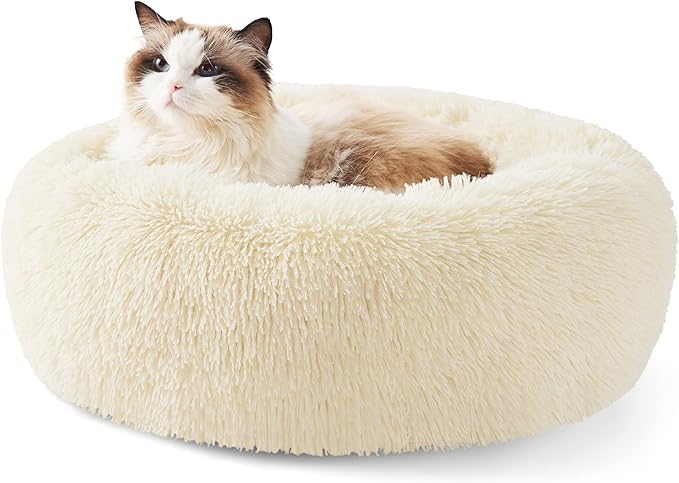 Bedsure Calming Cat Beds for Indoor Cats - Small Cat Bed Washable 20 inches, Anti-Slip Round Fluffy Plush Faux Fur Pet Bed, Fits up to 15 lbs Pets, Cream