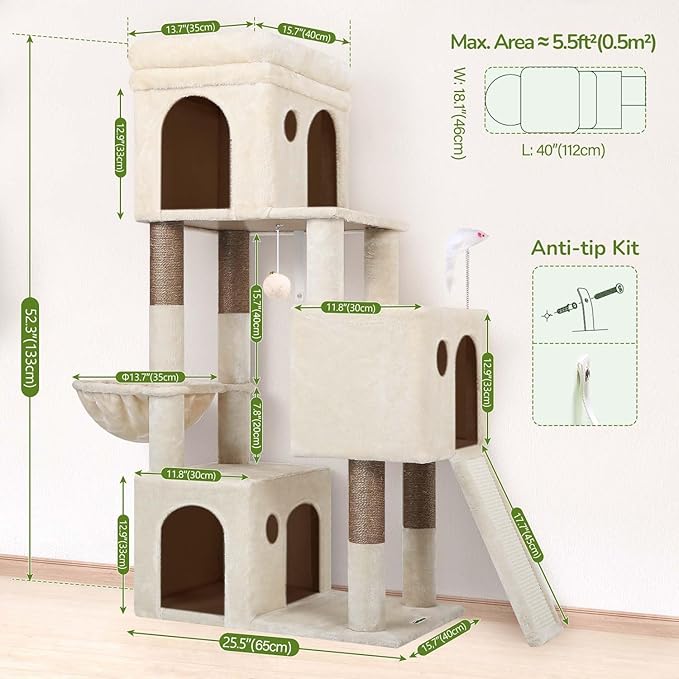 Globlazer Cat Tree Tower for Indoor Cats, 52in Multi-Level Heavy Duty Cat Tower with 4 Scratching Posts, Ladder, Sturdy Cat Tree with 3 Cat Condos for Adult Cats Kittens, Hanging Basket, F52B, Beige