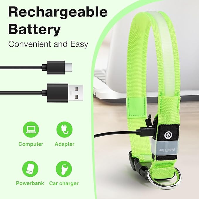 PCEoTllar Light Up Collar - Rechargeable LED Dog Collar with Automatic 7-Color Changes, Water Resistant, High Visibility, Bright Glow (Green, S)